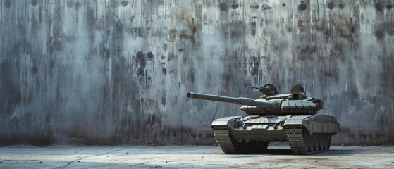 A solitary military tank stands in an empty urban space, symbolizing readiness and power