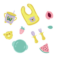 A set of children's cutlery items. White background, isolate.