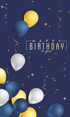 Happy Birthday blue greeting card with balloons, confetti and ribbons