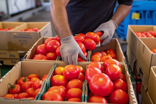 worker sorting tomatoes into boxes for market