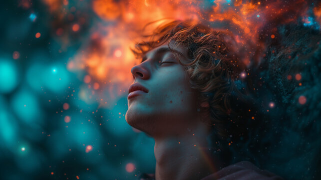 Young man having high brain activity during visualization meditation