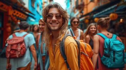 Fototapeta premium Young group of tourist arriving at hotel