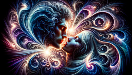 Eternal Love Fully Immersed in Midnight's Palette: A Young Couple's Celestial Embrace Amidst Swirling Brilliance.