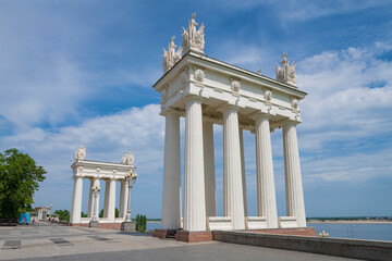 Propylaea of the central main staircase on the Volga embankment on a sunny June day, Volgograd