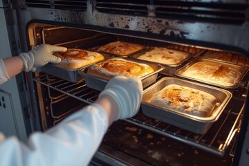 baker in gloves removing hot bread pans from an industrial oven