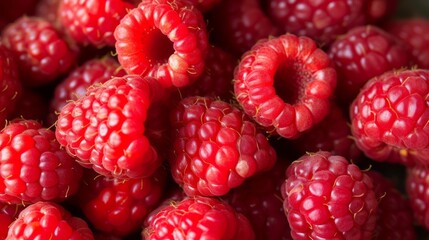 A close-up view of a group of ripe, vivid red raspberries with a deep, textured detail