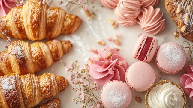 An elegant assortment of baked goods with golden croissants, delicate pink macarons and treats