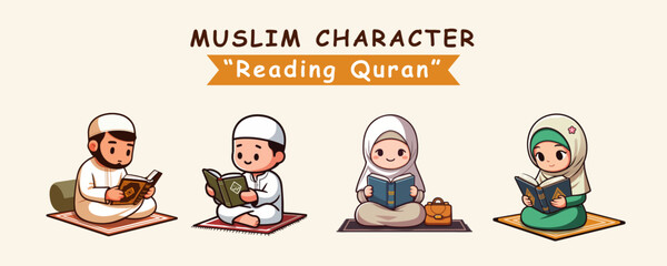 Cute islamic set character reading quran , vector illustration ramadan