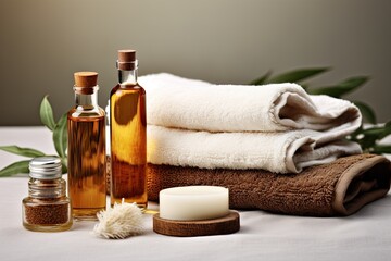 Fototapeta na wymiar Men spa set with towels, natural solid shampoo, soap, beard brush and aroma oil on dark background.