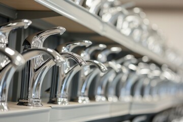 row of new chrome kitchen sink faucets displayed on shelf - obrazy, fototapety, plakaty