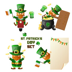Fototapeta premium Happy Saint Patrick's Day. Character with green hat. Set of cartoon leprechaun in different poses with beer, ale and Ireland flag and blank sign. Vector illustration on white background