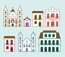 Coleção de casas antigas em cidades históricas do Brasil. Estilo barroco. Set 2.	 - obrazy, fototapety, plakaty