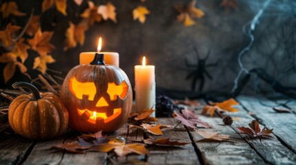 Halloween supplies on wood table