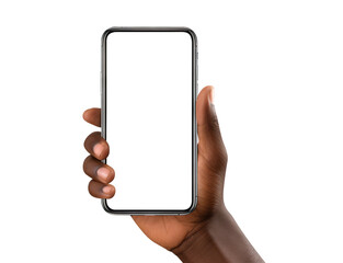 A mobile phone in the hand of an African American man, cut out