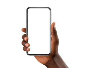 A mobile phone in the hand of an African American man, cut out