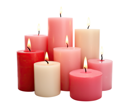 Assorted pillar candles in shades of pink and red with flames illuminated, cut out - Powered by Adobe