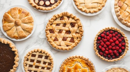 Overhead shot of several different pies on a white marble table