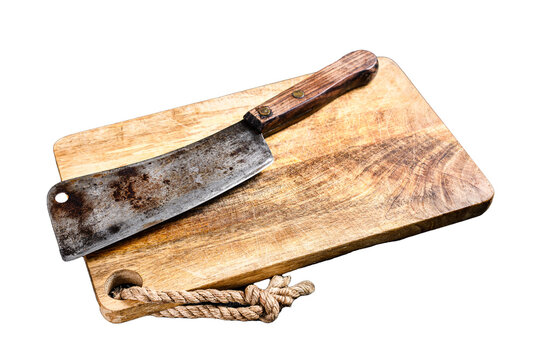 Vintage butcher meat cleaver on concrete board.  Isolated, Transparent background.