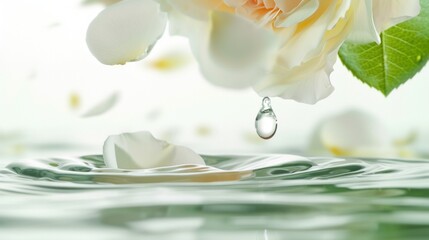 Rose flower petals , water drop and leaf falling in white background