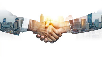 handshake of business people with skyscrapers background and finance and marketing business conclusion