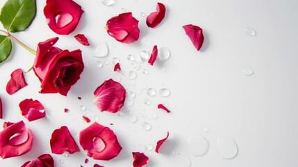 Rose flower petals , water drop and leaf falling in white background