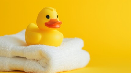 Rubber duck on a white towels on a yellow abckground