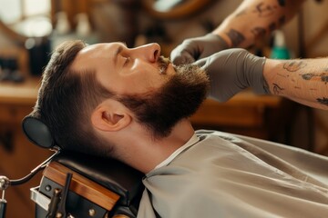 man receiving a beard trim in an oldstyle swivel barber chair