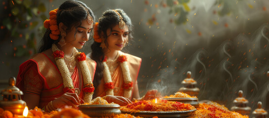 Two Indian women. Indian Traditional flower decoration, Indian festival garland. Ugadi celebration