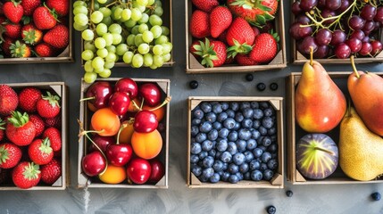 Summer fruit and berry variety. Flatlay of ripe strawberries, cherries, grapes, blueberries, pears, apricots, figs in wooden ecofriendly boxes over grey background