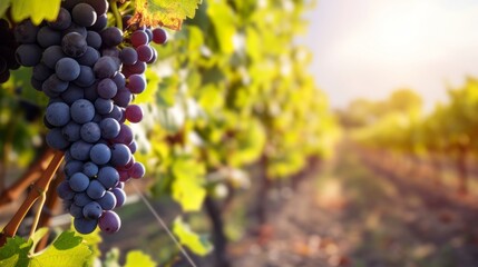 Sunny vineyard with clusters of ripe grapes in focus - obrazy, fototapety, plakaty