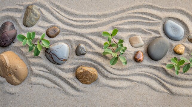 Smooth pebbles and sprigs of greenery arranged artistically on raked sand, creating a tranquil Zen garden pattern