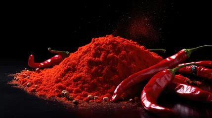 Gordijnen Red hot chili peppers and powder on black background © brillianata