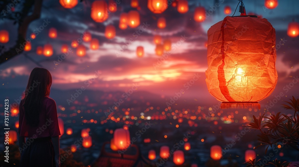 Poster glowing lights in the sky: a stunning display of fireflies and lanterns generative ai
