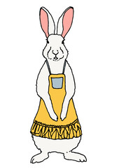 Bunny whith white fur in a dress - hand-drawn illustration and digital colorized on transparent background 