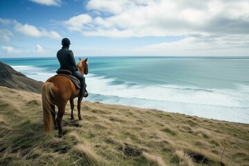 man on horseback pausing to watch the sweeping ocean horizon