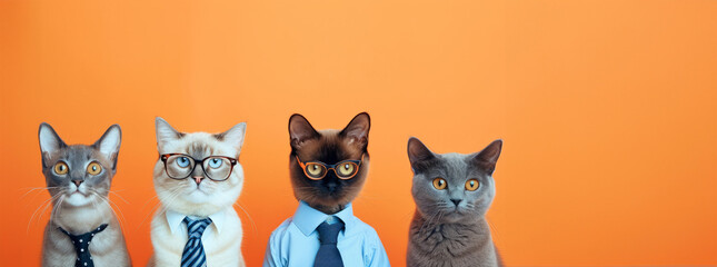 funny cats. animals with glasses look at the camera. animals in a group together looking at the camera. An unusual moment full of fun and fashion consciousness.