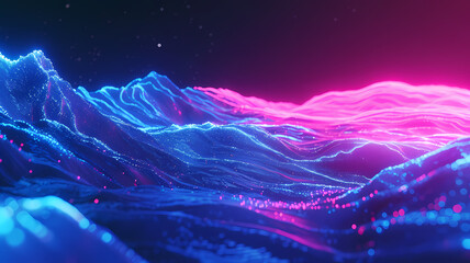 Abstract Neon Light Waves on Digital Landscape
