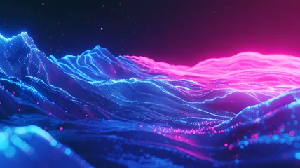 Gordijnen Abstract Neon Light Waves on Digital Landscape © Artistic Visions