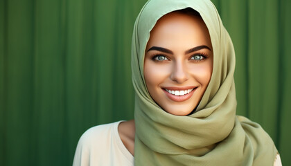 Naklejka premium Beautiful smiling Middle Eastern, Arab woman. Copy space.