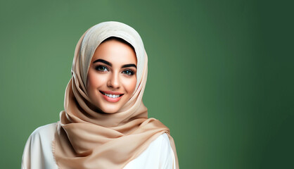 Beautiful smiling Middle Eastern, Arab woman. Copy space.