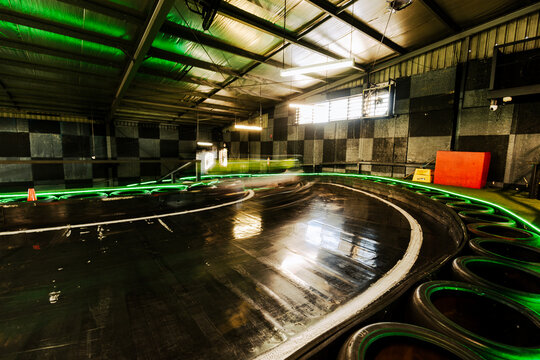 Indoor Go Kart race track with motion blur