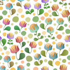 Colorful flowers and striped dots isolated on white vector seamless pattern. Attractive texture for printing on various surfaces (textile, wrapping, packages, apparel etc) or use in graphic design.