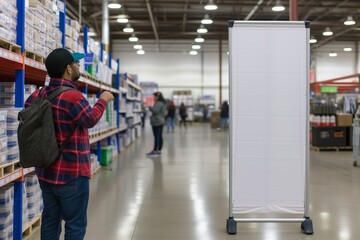 patron examining an empty pullup banner in the clearance area