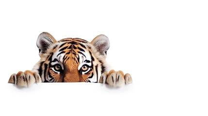 Curious tiger cub peering over the edge of blank banner, cut out