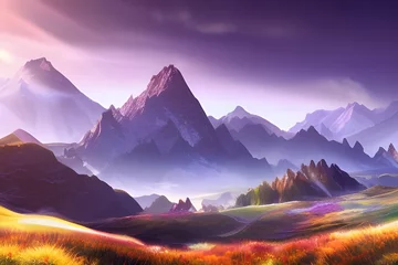  Serene Mountain Landscape with Vibrant Flora, Purple, Generative AI © OZMedia