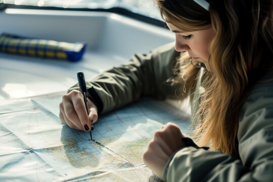 female navigator plotting course on a nautical map