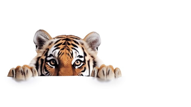 Curious tiger cub peering over the edge of blank banner, cut out