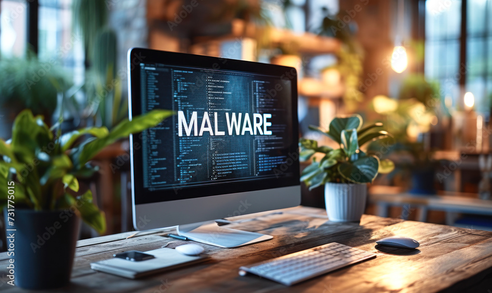 Poster cybersecurity alert concept with a malware warning on a computer screen in a cozy home office setup 
