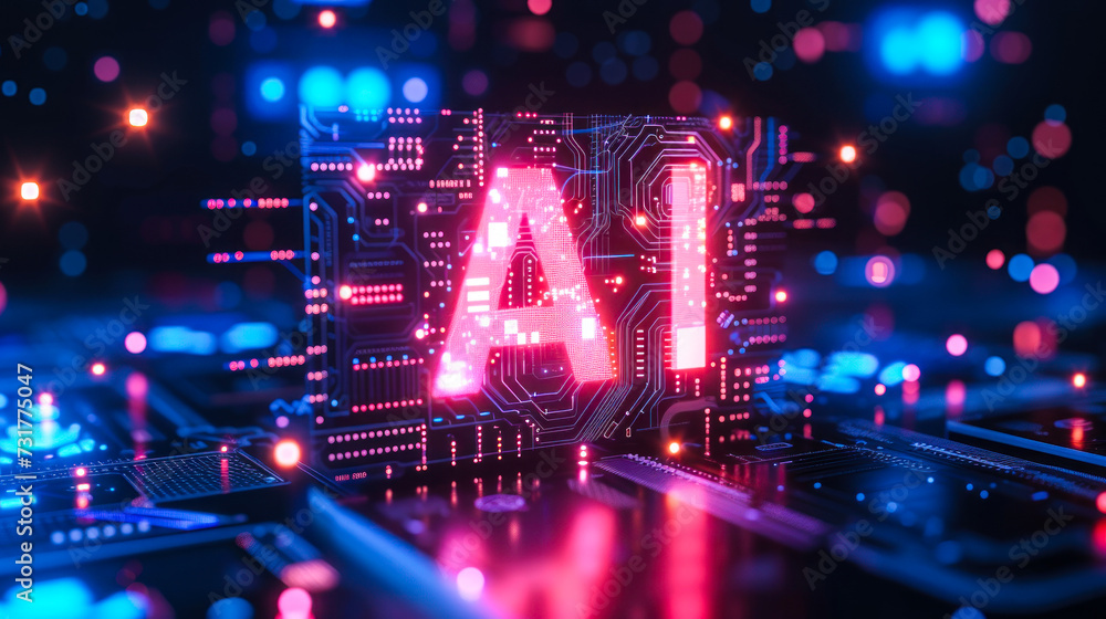 Poster futuristic ai technology concept with 'ai' text illuminated on a circuit board, representing artific