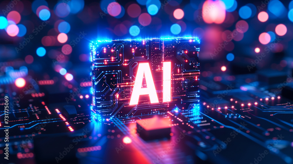 Poster futuristic ai technology concept with 'ai' text illuminated on a circuit board, representing artific